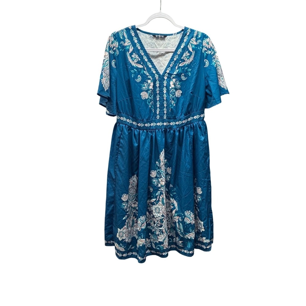 BloomChic Blue Floral Boho Dress NWoT 12 V Neck Flutter Sleeve Empire Boho Chic - Picture 2 of 10
